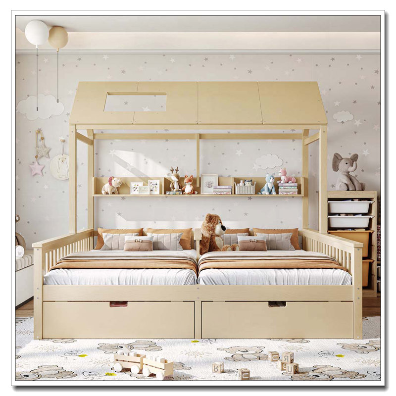 Lit plateforme simple double avec tablettes de rangement et tiroirs, Naturel