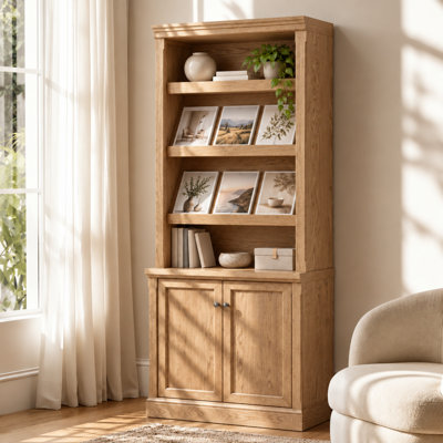 Connie Transitional 78.25"H Solid Wood Bookcase with Adjustable Open Display Shelves and Storage Cabinet