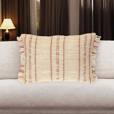 Coussin 14 "x 20" en coton rayé beige et rose avec franges