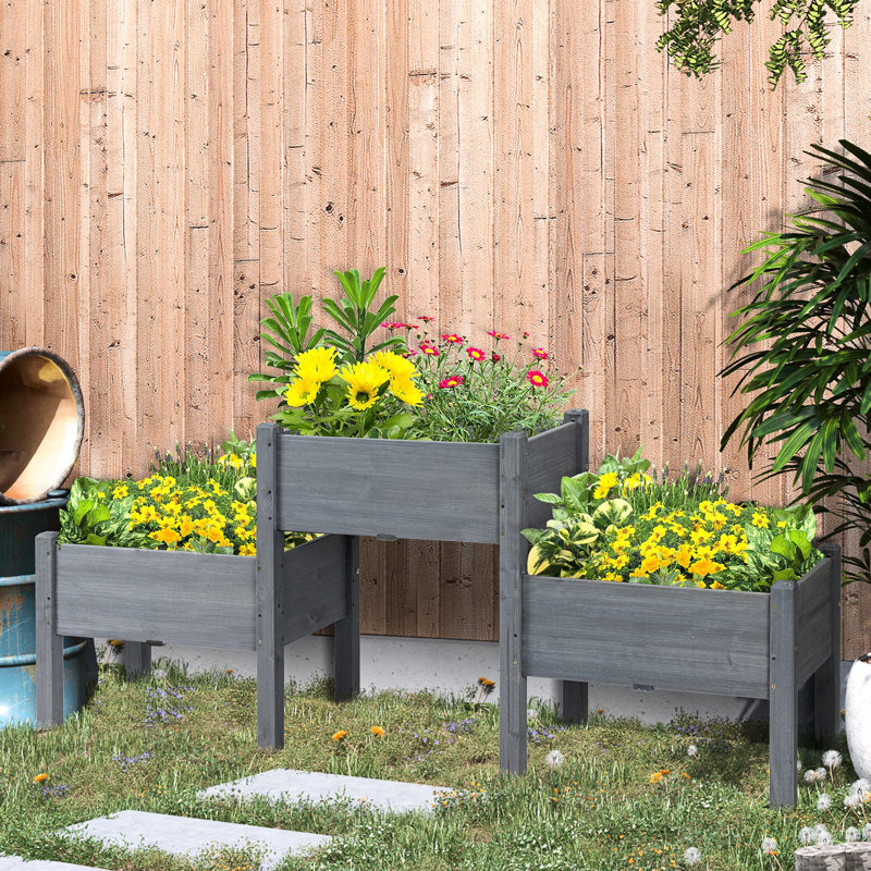 Lit de jardin en bois surélevé, gris - 3 boîtes à fleurs pour plantes, fleurs et légumes