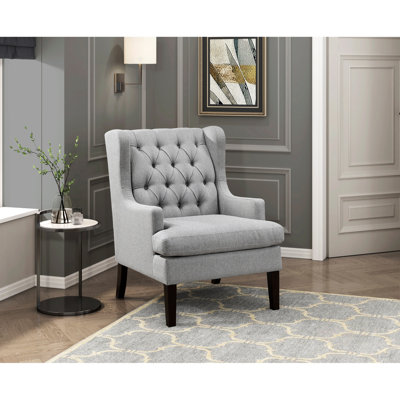 Chaise d'appoint à boutons avec siège en tissu gris et coussins en mousse