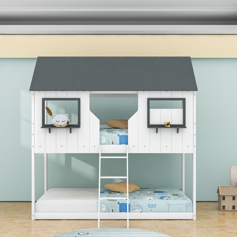Lit superposé simple au-dessus de simple avec toit et échelle pour enfants, Blanc