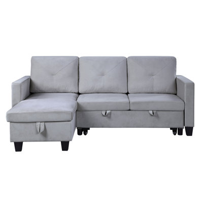 Nova 82.5" Light Gray Velvet Reversible Sleeper Sectional Sofa with Storage Chaise