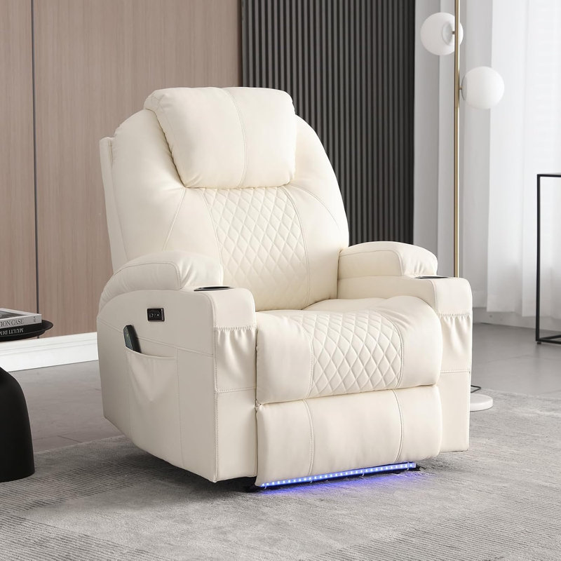 Power Recliner Chair with Heat and Massage, Faux Leather Home Theater Seating with LED Lights/Cup Holders/Side Pocket/USB Port, Reclining Sofa Chair for Living Room