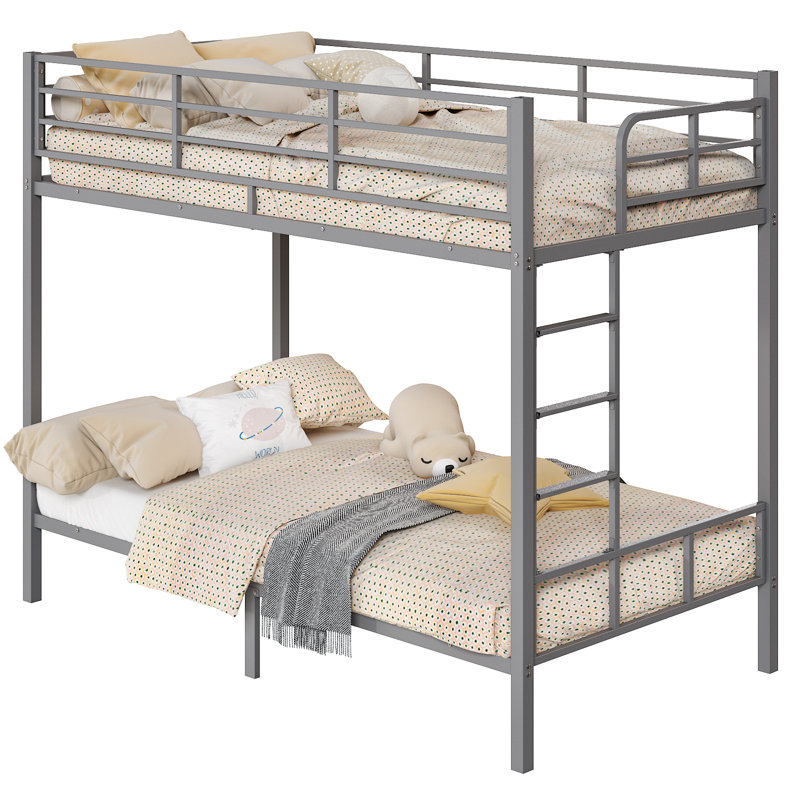 Gray Twin Over Twin Steel Bunk Beds Frame,14.8" Height Guardrail For Kids Adult Children, Gray
