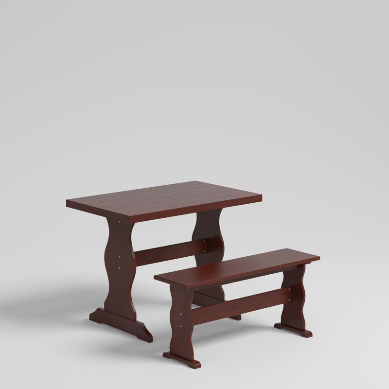 Classic Wooden Dining Table And Bench Set - Solid Wood, Mahogany Finish(Set Of 2), Red, Red