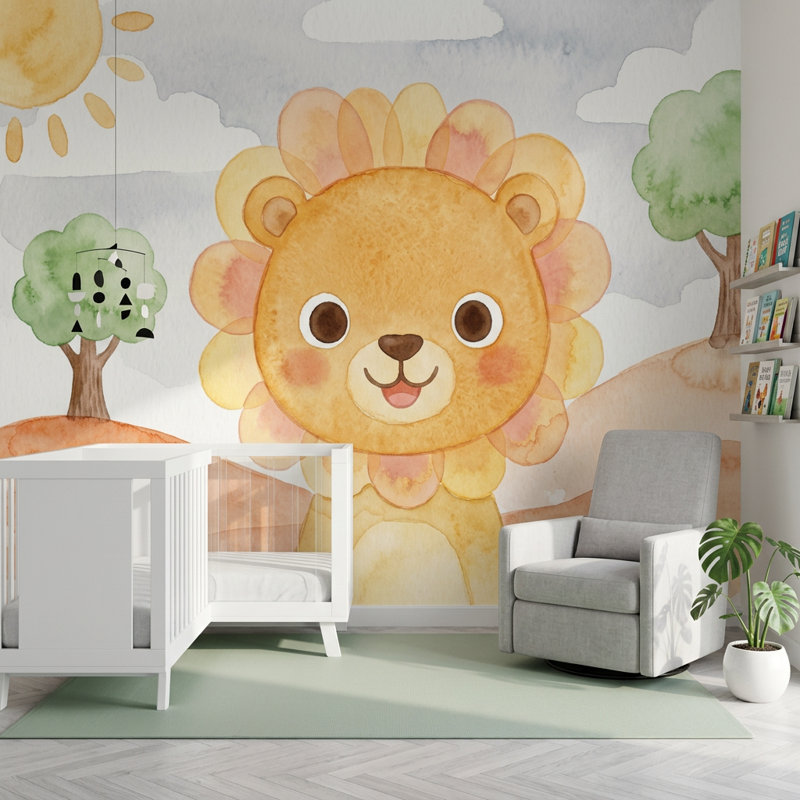 Papier peint aquarelle, lion mignon, décoration murale de chambre de bébé amovible, 200 po x 120 po, Texturé non collé