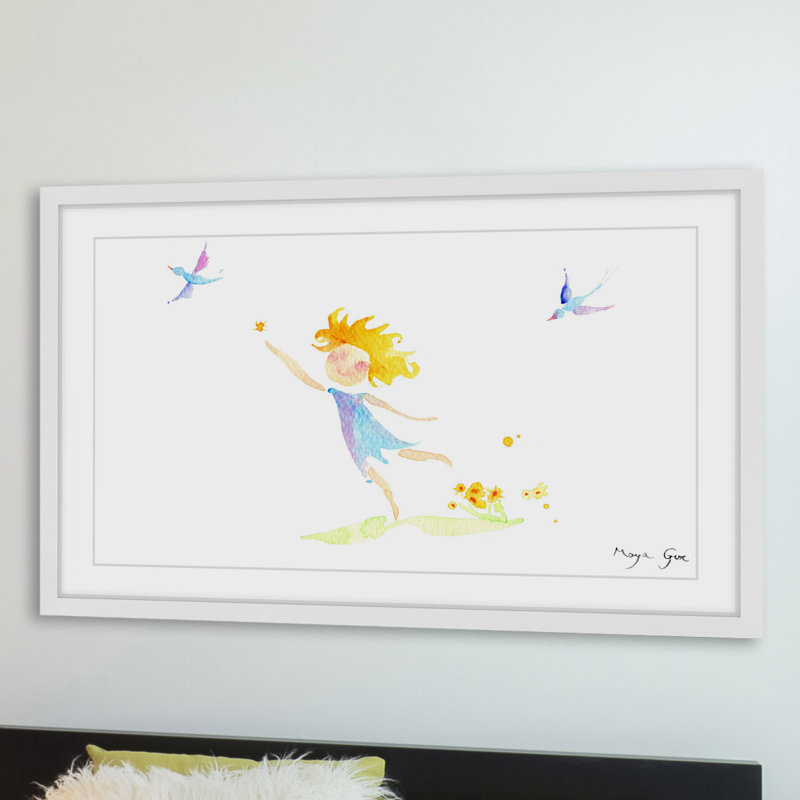 'Girl with Birds' by Maya Gur Framed Painting Print, 16" H x 24" W x 1.5" D