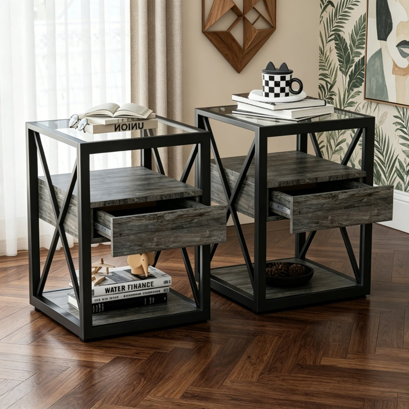 Ensemble de 2 tables de bout modernes avec tiroir - Tables de chevet pour chambre à coucher et salon, panneau de fibres à densité moyenne en bois naturel et plateau en verre trempé, style industriel