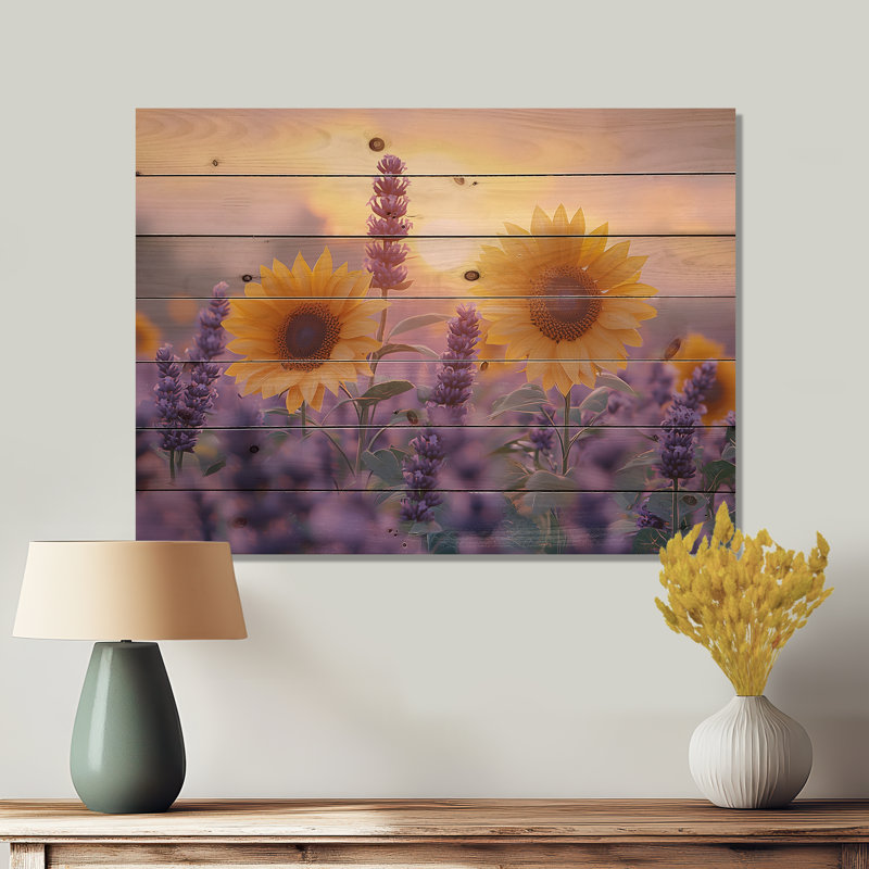 Tournesols dans un champ de lavande - Art mural en bois tournesols - sur bois de pin naturel, H 10 po x l 20 po x P 0,78 po