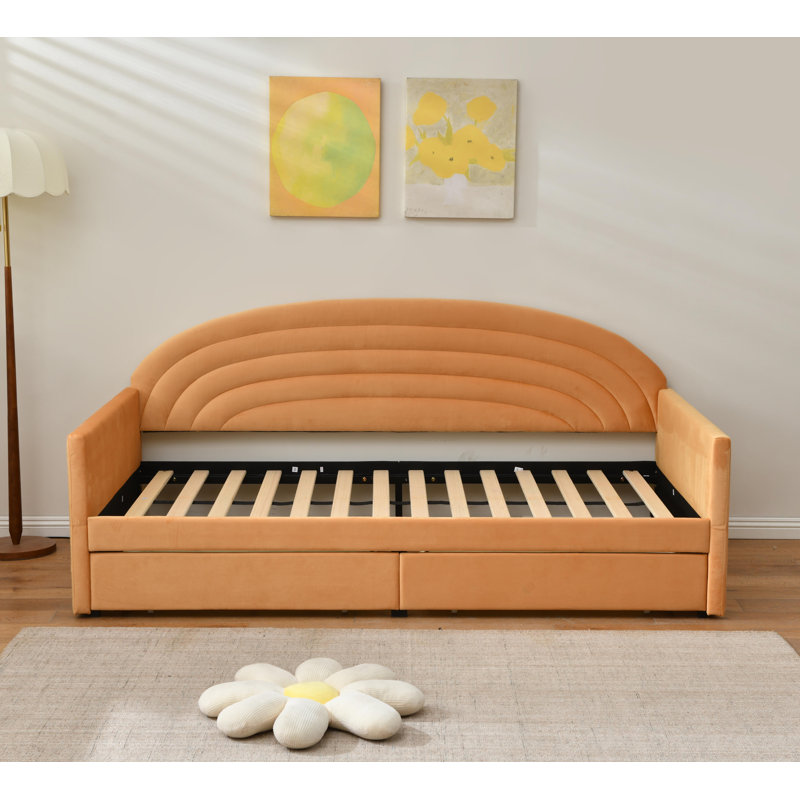 Lit de jour rembourré avec rangement à 2 tiroirs, structure de canapé-lit à usages multiples de taille simple, support à lattes en bois massif pour petite chambre à coucher