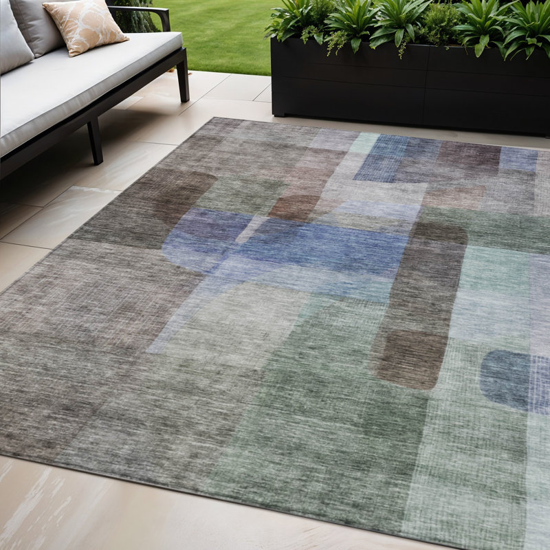 Tapis d'extérieur lavable d'extérieur brun, vert et bleu 5 pi x 8 pi