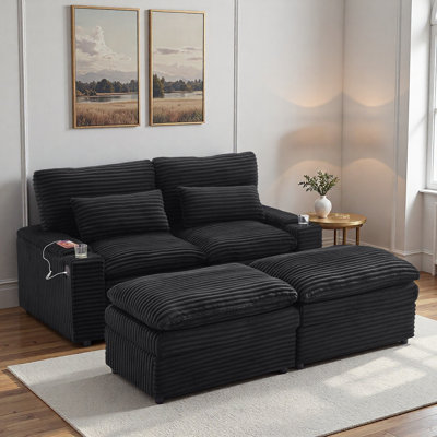 Causeuse avec quatre ports USB et deux porte-gobelets, canapé modulaire convertible avec espace de rangement et deux repose-pieds mobiles