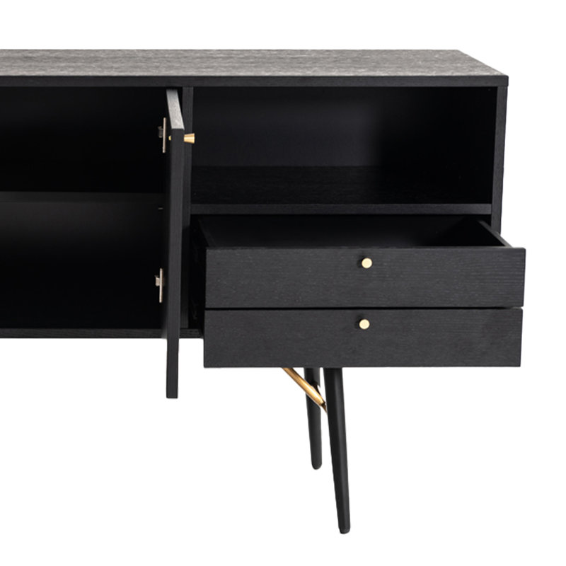 Console buffet Belo, 2 tiroirs, accent doré, noir, 63 pouces