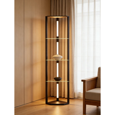 Floor Lamp With Shelves, 5-Tier Glass Display Shelf With Remote And Foot Control, Dimmable Corner Lamp With 5 Color Temperatures, Open Display Cabinet For Living Room And Bedroom