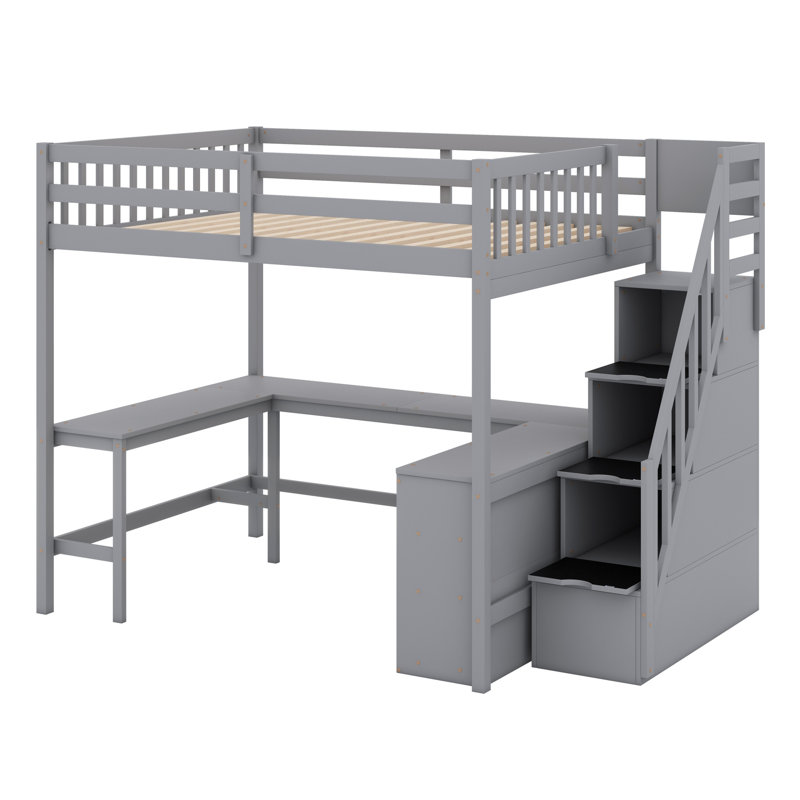 Lit mezzanine avec bureau en L, tablettes de rangement et escalier de rangement attaché, Gris