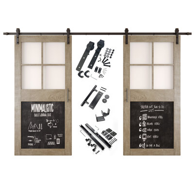Homacer Classic Gray Double 48in x 84in Half Lite Chalkboard Design Unassembled & Finished Barn Doors with Non-Bypass Installation Hardware Kit, 18ft track, interior use only