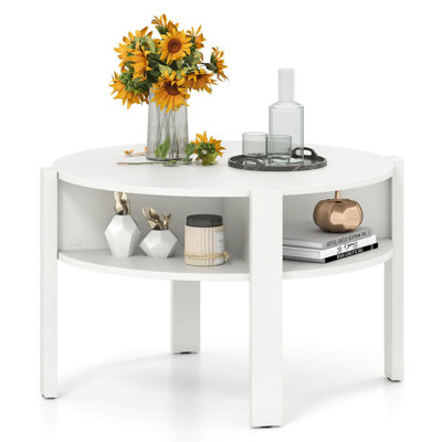 29.5" 2-Tier Round Coffee Table with Storage 4 Shelves Faux Wooden Top White