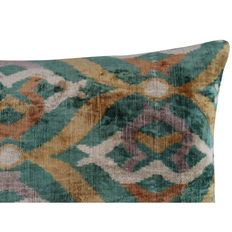Velvet Lumbar Pillow Cover & Insert, Green/Beige/Teal Geometric 3