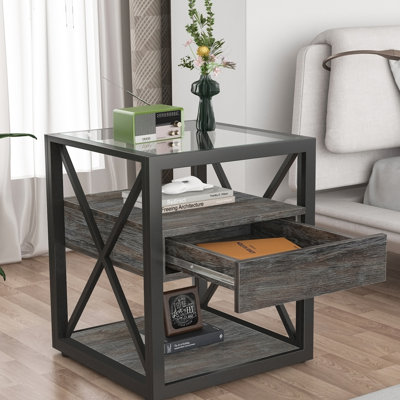 Ensemble de 2 tables de bout modernes avec tiroir - table de chevet pour chambre à coucher et salon, panneau de fibres à densité moyenne en bois naturel et plateau en verre trempé, table d'appoint de style industriel