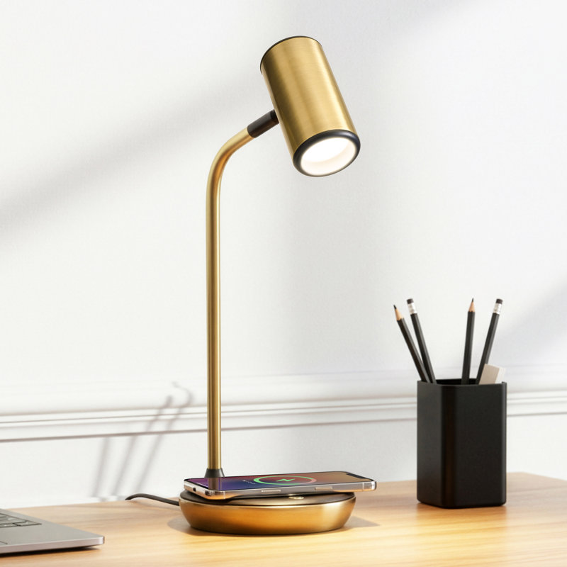 Ezra 16.5" Modern LED Desk Lamp with Gold Finish, Wireless Charging Pad, Adjustable Head, and 3-Way Dimming, Brass