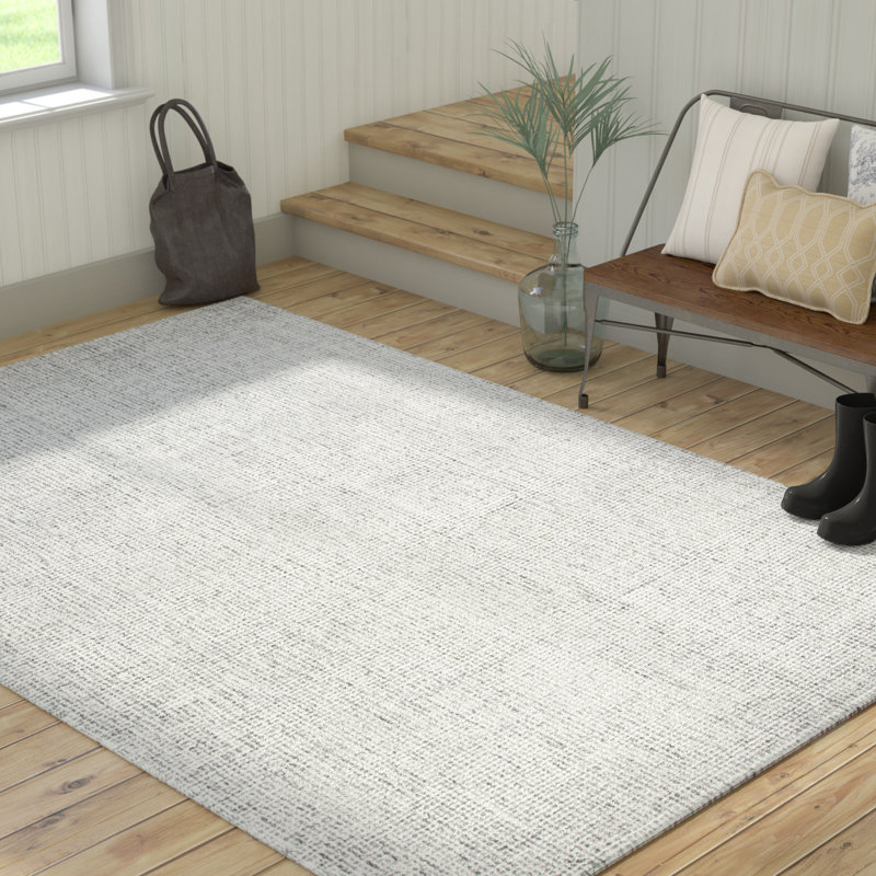 Tapis gris / blanc en laine touffeté et fabriqué à la main Britley, Rond 10 pi