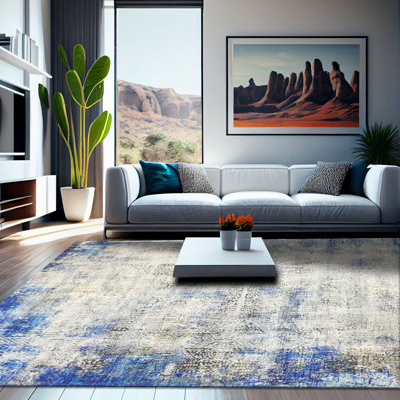 Tapis ivoire / bleu en coton tissé à plat Abtract
