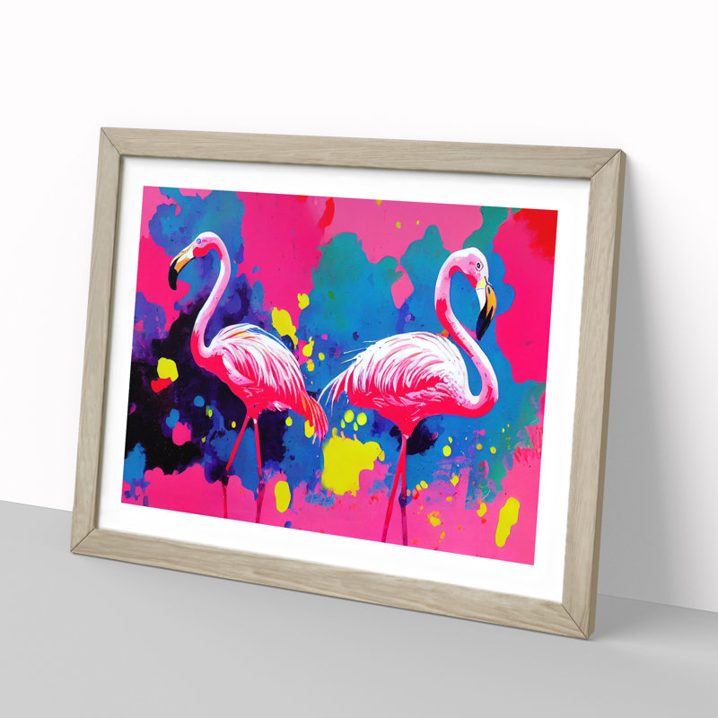 Flamingo Splash - Single Picture Frame Print, 46cm H x 64cm W x 2cm D, Oak