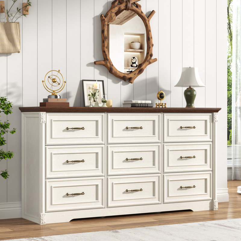 63" Tall Dresser With 9 Drawers, Embossed Roman Column Design & Wooden Storage For Bedroom Organization, Brown/White