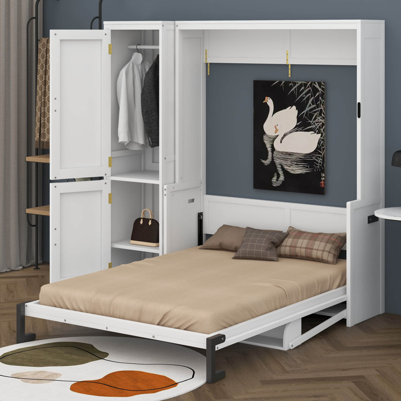 Grand lit escamotable avec garde-robe et bureau, lit escamotable mural peu encombrant avec vérin à gaz, station de recharge pour petits espaces