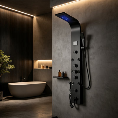 7-way Diverter Rainfall Shower Tower Panel System with Rainfall Waterfall Shower Head and Shower Wand