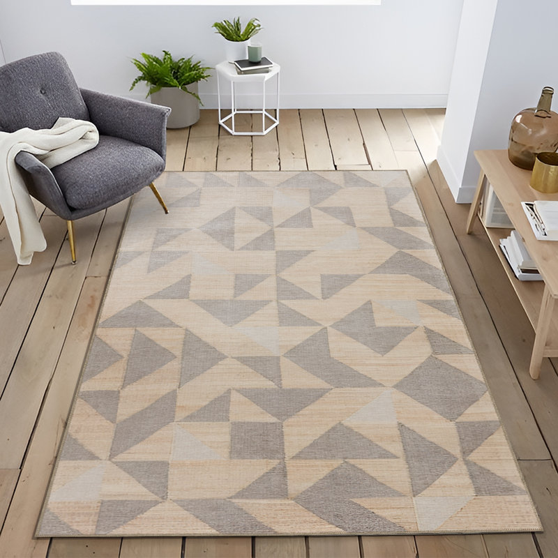 Tapis décoratif à motif géométrique triangulaire beige et gris, Tapis de couloir 3 pi 9,81 po x 9 pi 10,11 po
