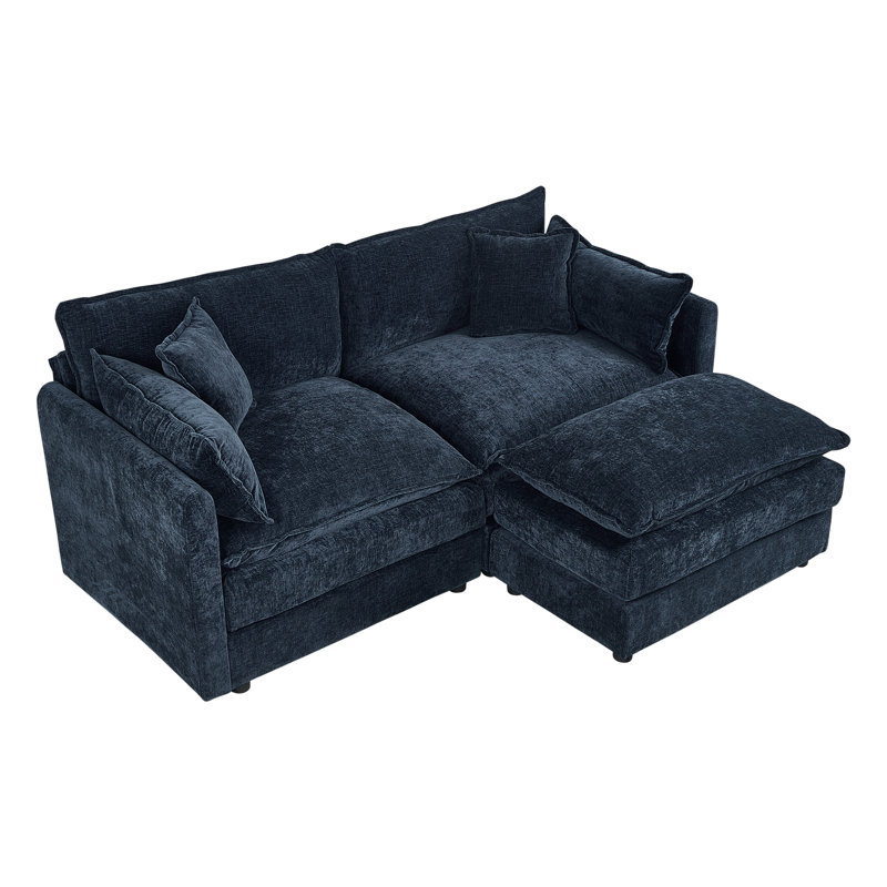 Modern Chenille Loveseat Sofa Couch With Ottoman, Blue Chenille, 33.85" H x 77.16" W x 35.82" D