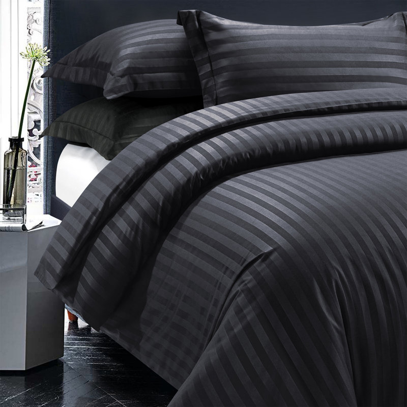 Microfiber Striped Bedding with Pillowcases, Black, Double Duvet Cover + 2 Standard Pillowcases