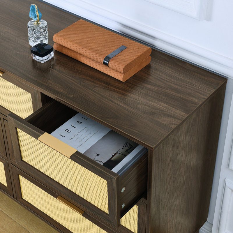 Commode 7 tiroirs avec rotin pour chambre à coucher