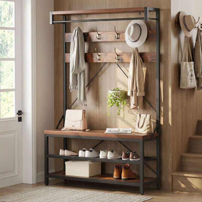 Industrial Coat Rack and Shoe Bench Hall Tree – Entryway Storage with Large Shoe Rack, 8 Hooks, Hanging Bar & Shelf, 39.9" x 15.7" x 72" (Brown)