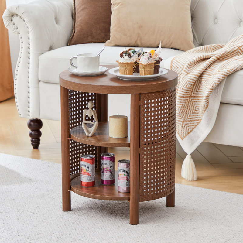 Round End Table With 3-Tier Storage Shelves, Natural, 1
