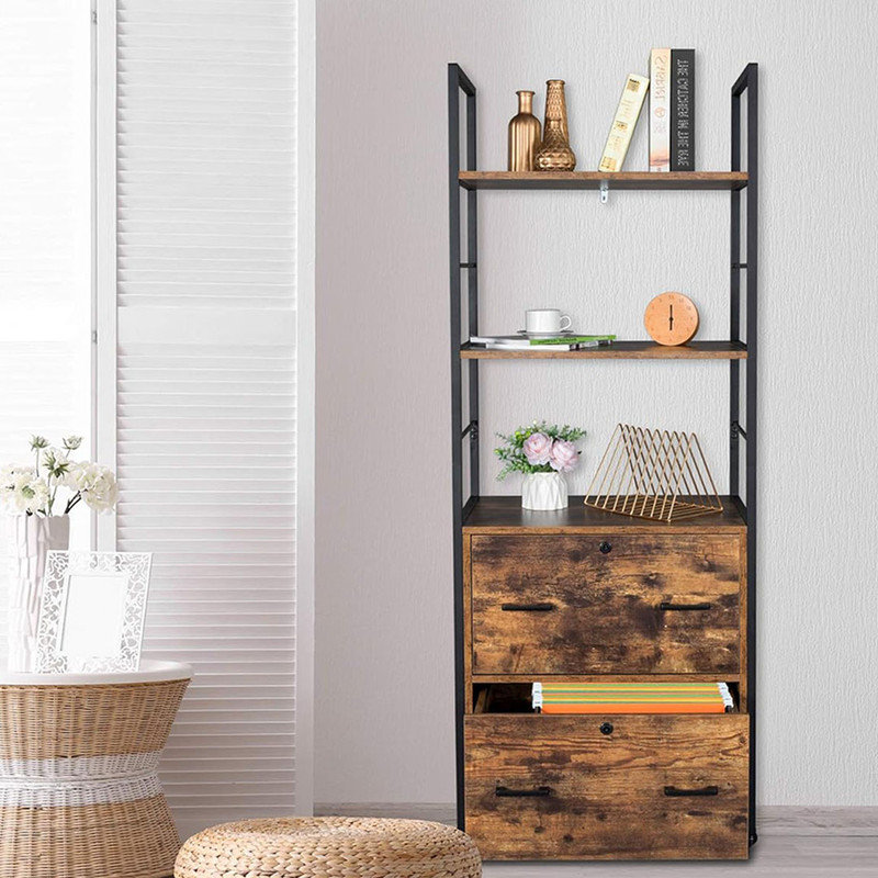 File Cabinet with Lock and 2 Drawer, Wood File Cabinet with Shelves Compatible with Both Letter and Legal Size Folders, Rustic Brown