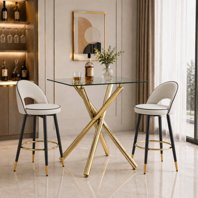 3-Piece Clear Tempered Glass Top Bar Table Set with 360° Swivel Faux Leather Bar Stools