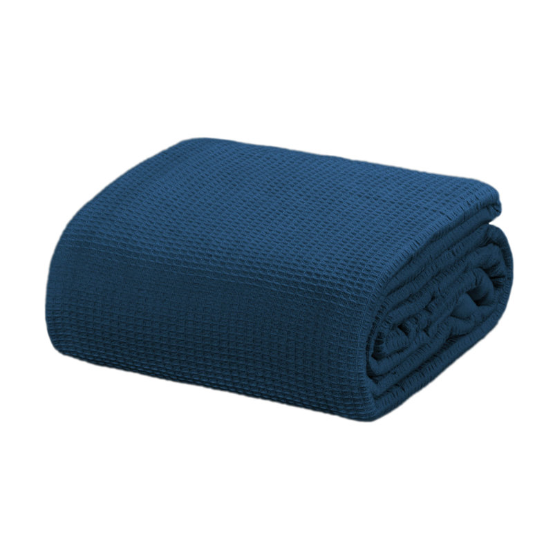 Deep Blue Cotton Waffle Knit Queen Blanket