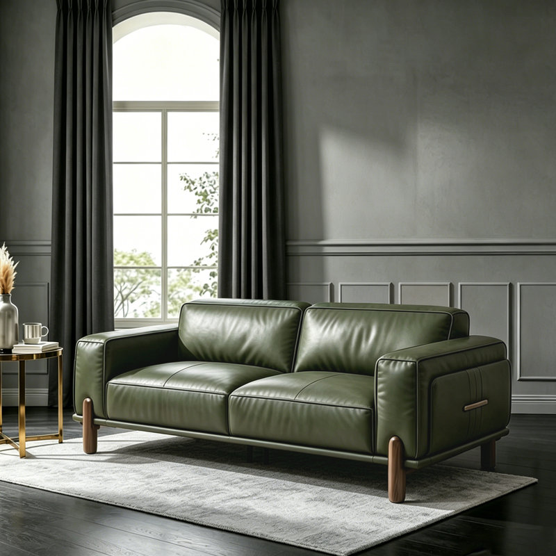 Canapé modulaire vert en cuir véritable, L 86,54 po