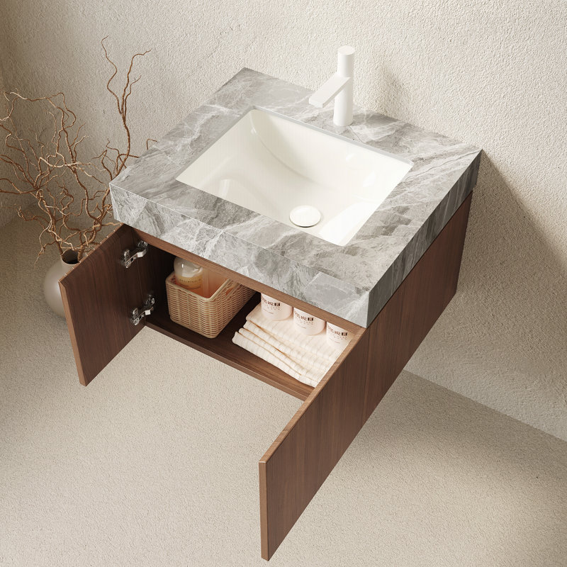 Meuble-lavabo 24 po avec lavabo, armoire de rangement en contreplaqué flottant avec 2 portes, Gris clair, Chêne brun