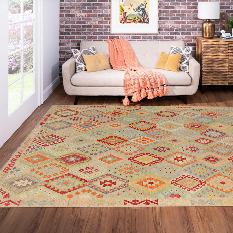 Tapis rouge / beige / bleu à motif géométrique en laine tissé à plat Rectangle 9 pi 1 po x 12 pi 3 po Bronwood