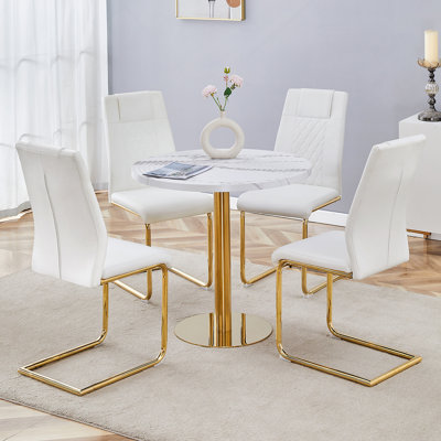 Table And Chair Set.31.5 Inch Elegant White Marble Pattern Round Dining Table - Suction Molding Annular Texture.Paired With 4 White High-Quality PU Ch
