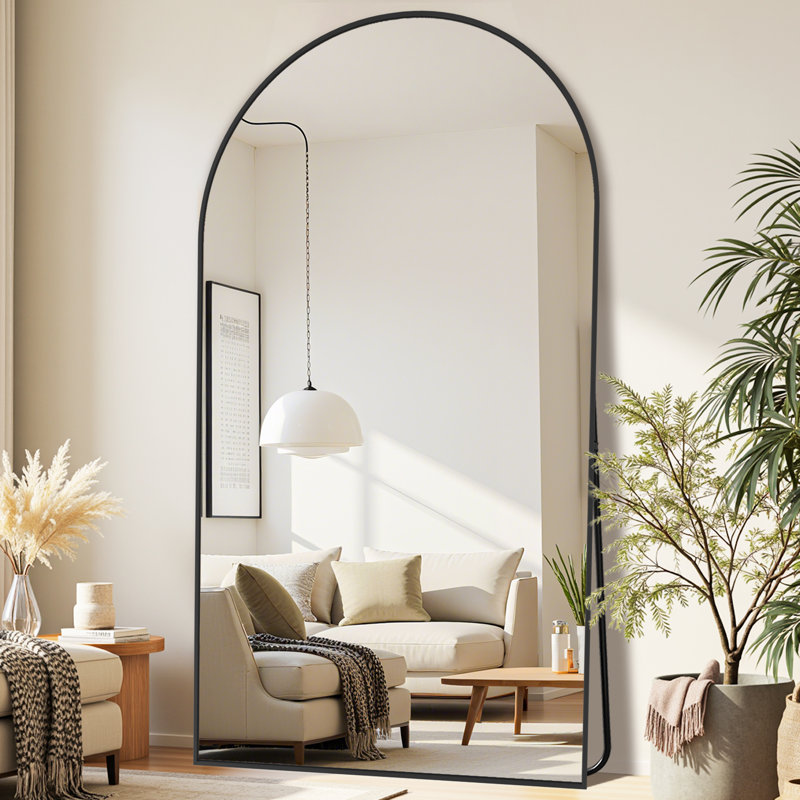 Arched Black Floor Mirror With Stand, 38x77 Inch Freestanding Full Body Mirror For Bedroom, Black, 81" x 41"