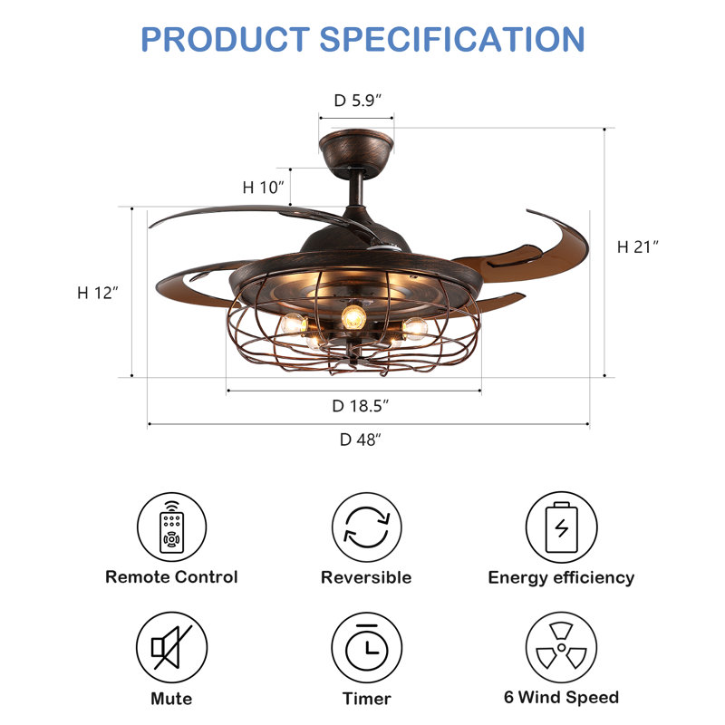 Caronni 48'' Retractable Blades Ceiling Fan with Remote Control and Light Kit Included, Brown