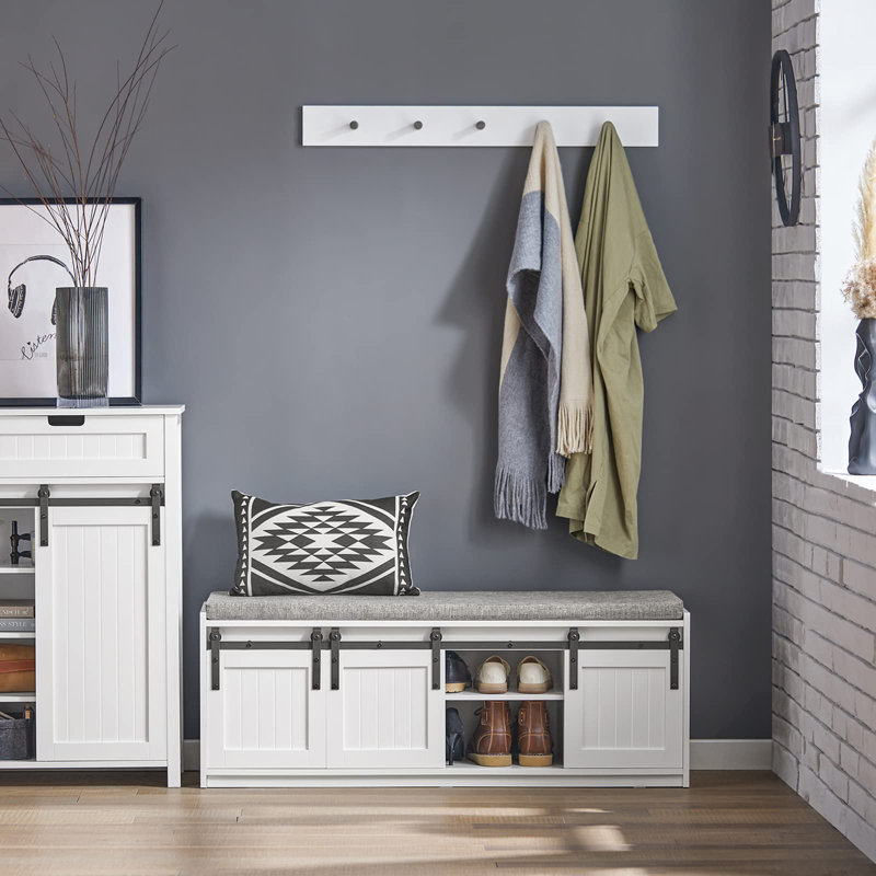 White Rustic Style Storage Bench with Sliding Barn Doors and Padded Seat Cushion
