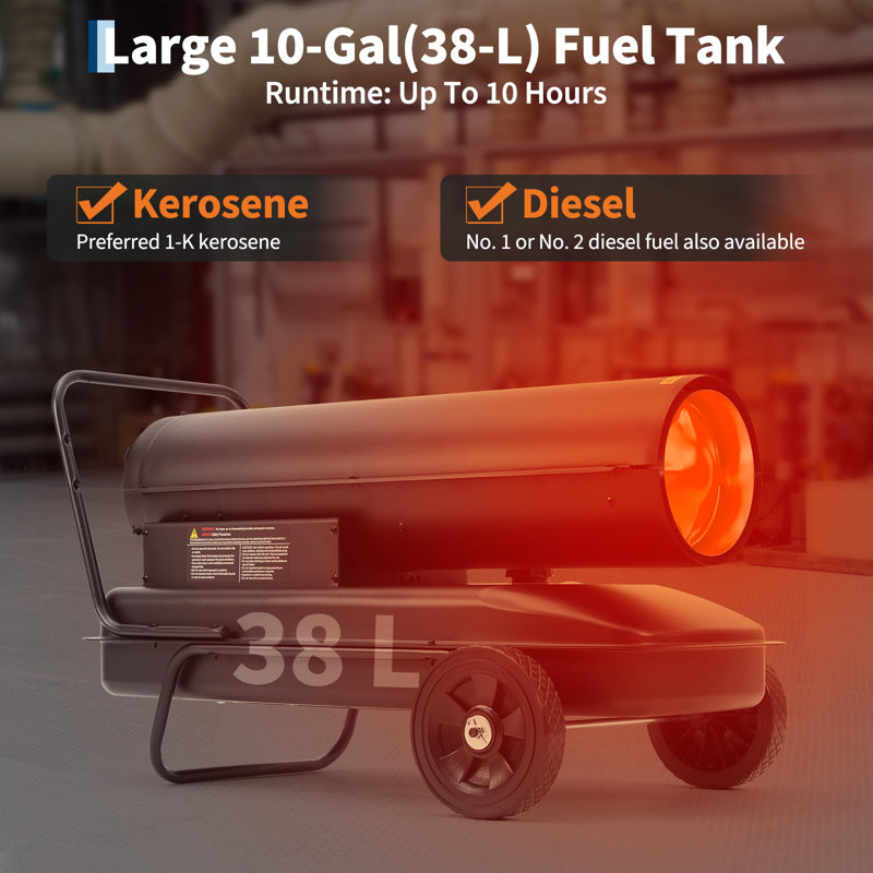 125000 BTU Kerosene & Diesel Forced Air Heater Thermostat, 10 Gal Tank & Wheels for Jobsite