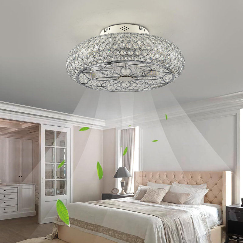 Caged Crystal Ceiling Fans With Lights And Remote,20" Flush Mount Low Profile Ceiling Fan With Light,6 Speed Enclosed Ceiling Fan With Reversible Motor For Bedroom Kitchen Living Room