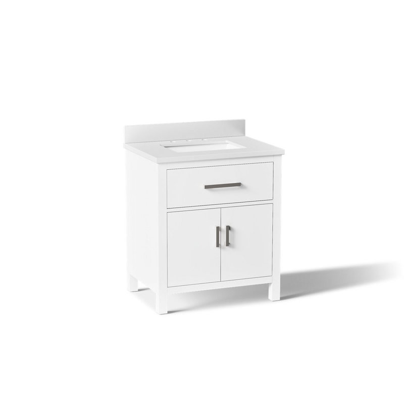 30 po Kresla Meuble-lavabo de salle de bain avec lavabo et comptoir en quartz, Blanc, Nickel brossé